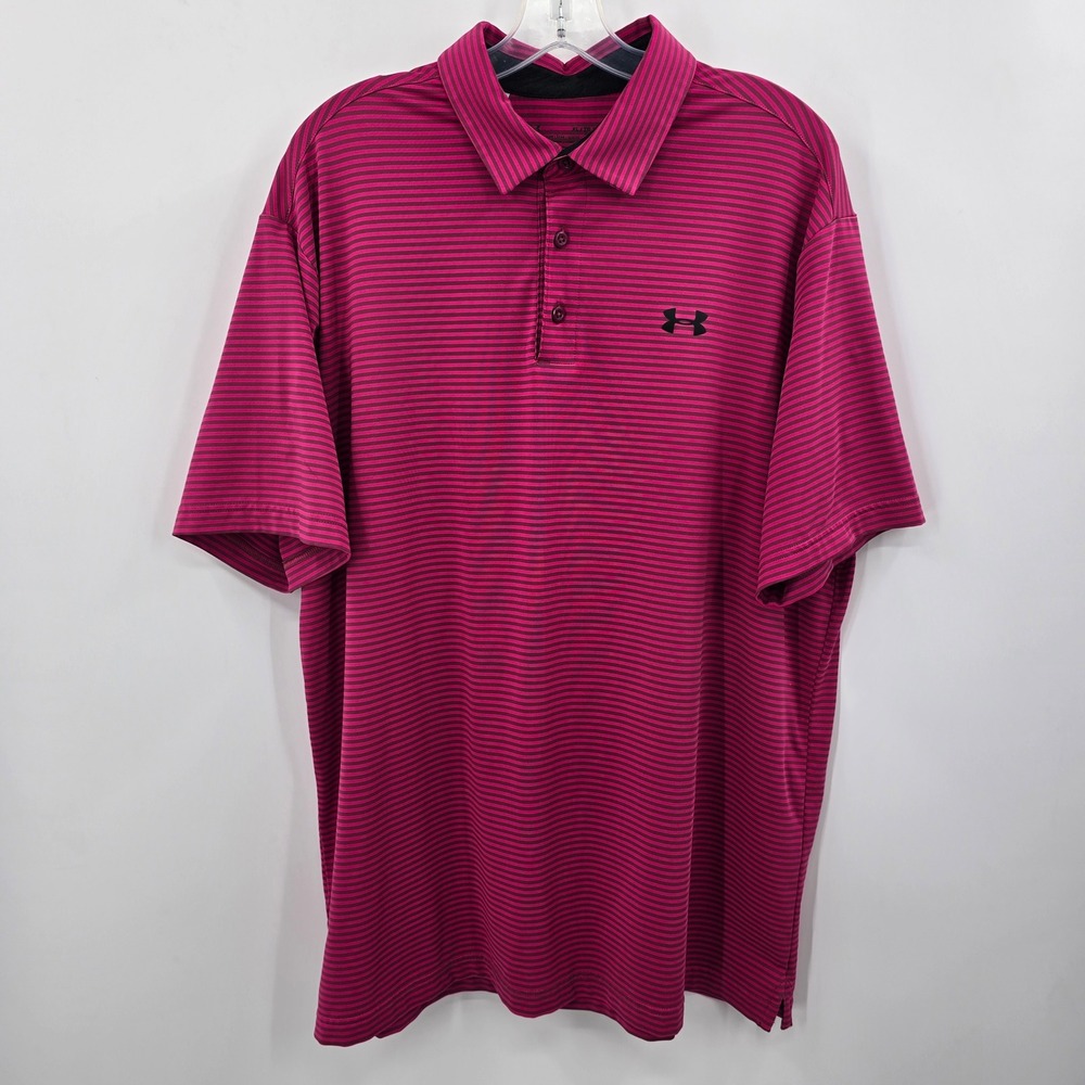 Under Armour Mens XL HeatGear Striped Polo Shirt Pink Burgundy Loose Fit Golf‎
